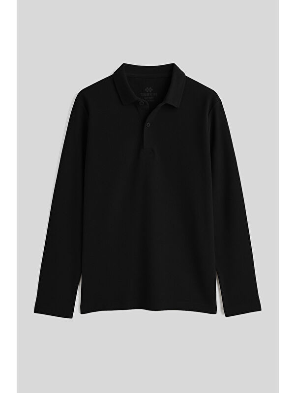 Tommylife Siyah Polo Yaka Basic Uzun Kollu Erkek Çocuk T-Shirt - 11170