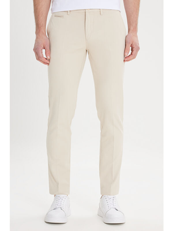 AC&Co / Altınyıldız Classics Erkek Ekru Slim Fit Dar Kesim Yan Cepli Pamuklu Esnek Armürlü Pantolon