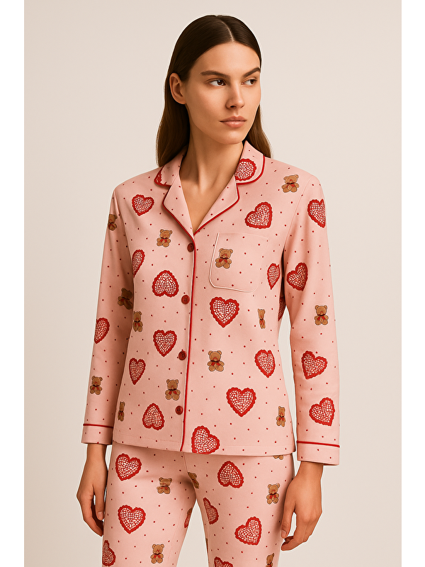 Katia And Bony Kadın Kalpli Teddy Desenli Pijama Takımı Pembe