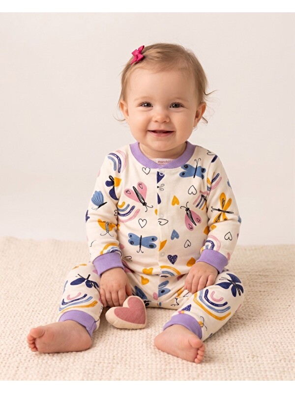 Ege Bebek Kız Bebek %100 Pamuklu 1-2-3 Yaş Baskılı Çıtçıtlı Alt Üst Pijama Takımı