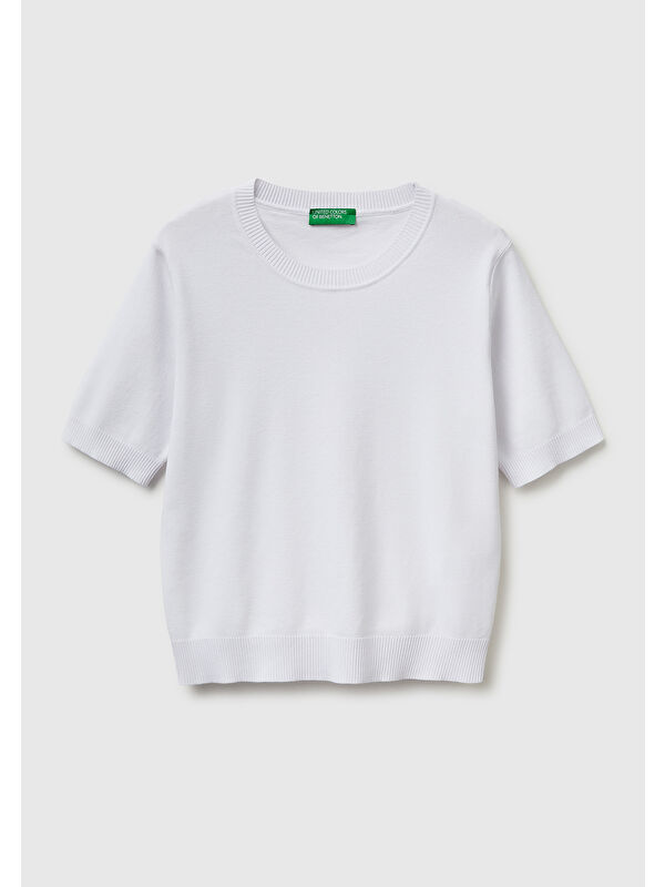United Colors Of Benetton Kadın Beyaz %100 Pamuk Kısa Kollu Regular Fit Bisiklet Yaka Tişört