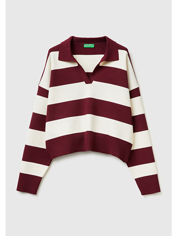 United Colors Of Benetton Kadın Bordo Viskoz Karışımlı Çizgili Boxy Fit Polo Yaka Kazak