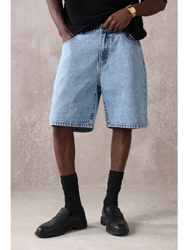 Tarz Cool Erkek Baggy Fit Jean Şort Lacivert