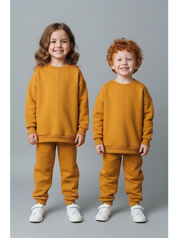 Luess Unisex Çocuk Dikiş Detaylı 3 İplik Hardal Alt Üst Takım