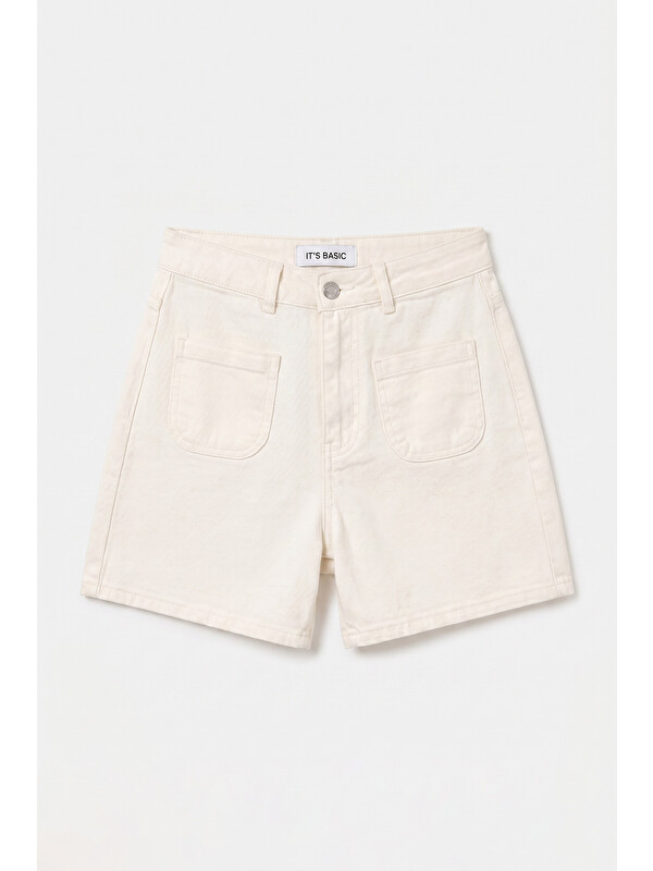 It's Basic Kadın Kırık Beyaz 7s6-101 Midi Mom Fit Elastan Kumaş Denim Şort