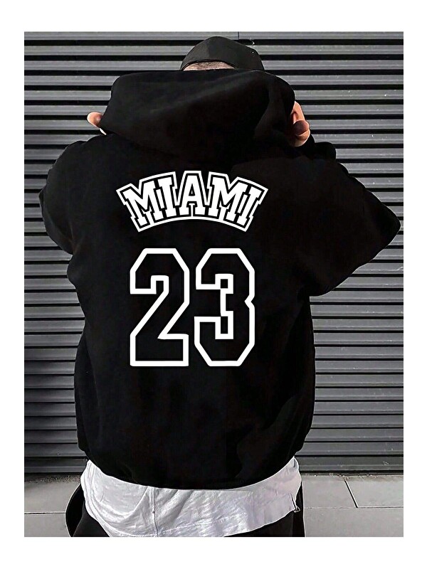 Trendseninle Kadın Siyah Miami 23 Baskılı Kapüşonlu Sweatshirt
