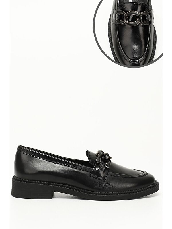 KOYU SİYAH Hakiki Deri Yuvarlak Burun Loafer Tokalı Kadın Günlük Ayakkabı 24272 - Görsel 3