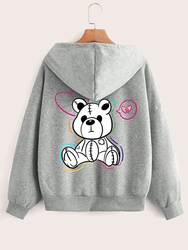 Trendseninle Unisex Gri Sweet Bear Baskılı Kapüşonlu Fermuarlı Hırka