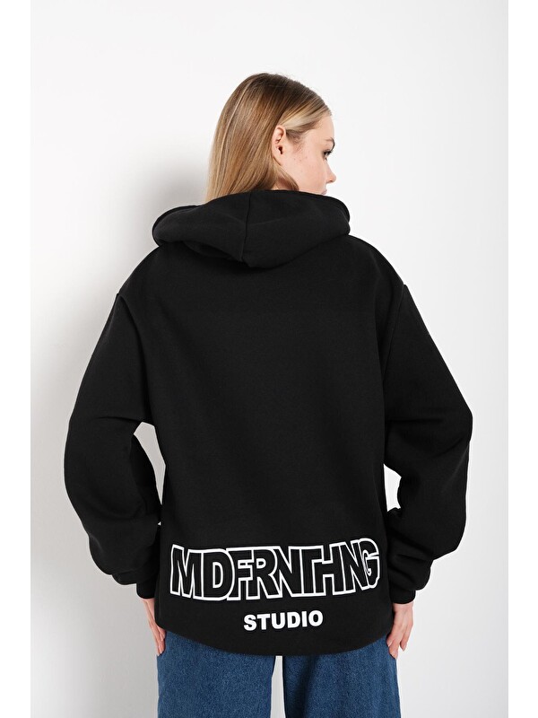 Trendseninle Kadın Siyah Mad For Nothing Baskılı Oversize Kapüşonlu Sweatshirt