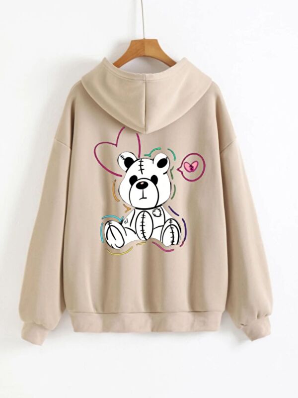 Trendseninle Unisex Bej Sweet Bear Baskılı Kapüşonlu Fermuarlı Hırka