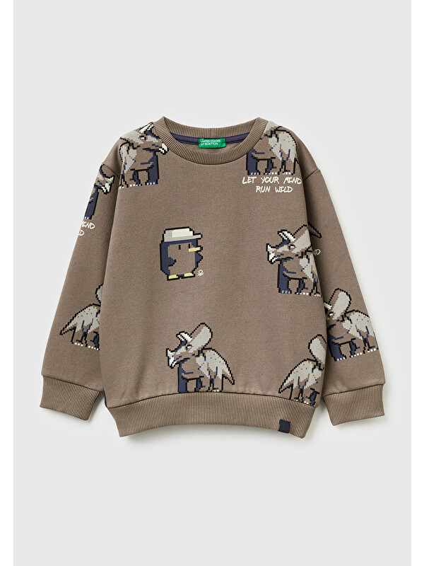 United Colors Of Benetton Erkek Çocuk Kahverengi Baskılı Ribanalı Bisiklet Yaka Regular Fit Sweatshirt