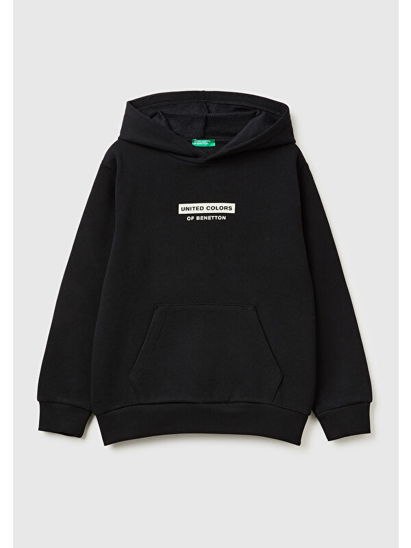 United Colors Of Benetton Erkek Çocuk Siyah Önü Logo Baskılı Cepli Nervürlü Kapüşonlu Sweatshirt