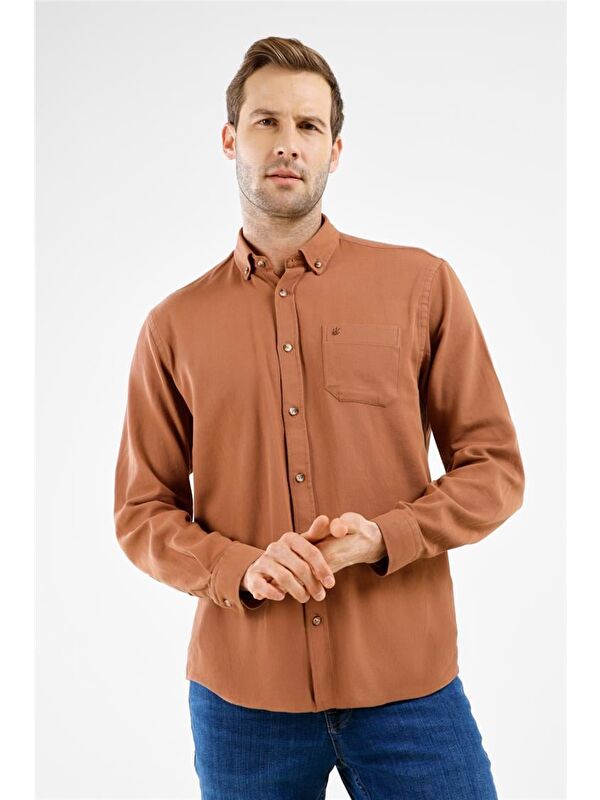 İMZA Açık Bej Düğmeli Yaka Uzun Kol Cepli Slim Fit %100 Pamuk Gömlek 1004255213