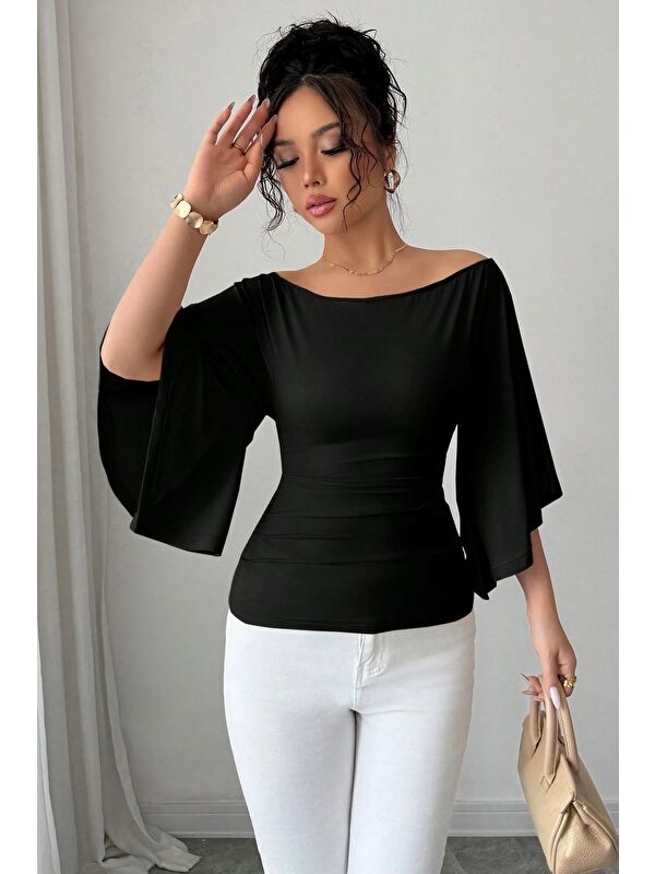 Tarz Cool Kadın Kayık Yaka Flare Kol Drapeli Fit Bluz