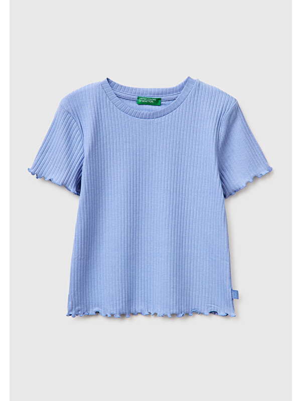 United Colors Of Benetton Kız Çocuk Havacı Mavi Etek Ucu Fırfırlı Bisiklet Yaka Kısa Kollu T-Shirt