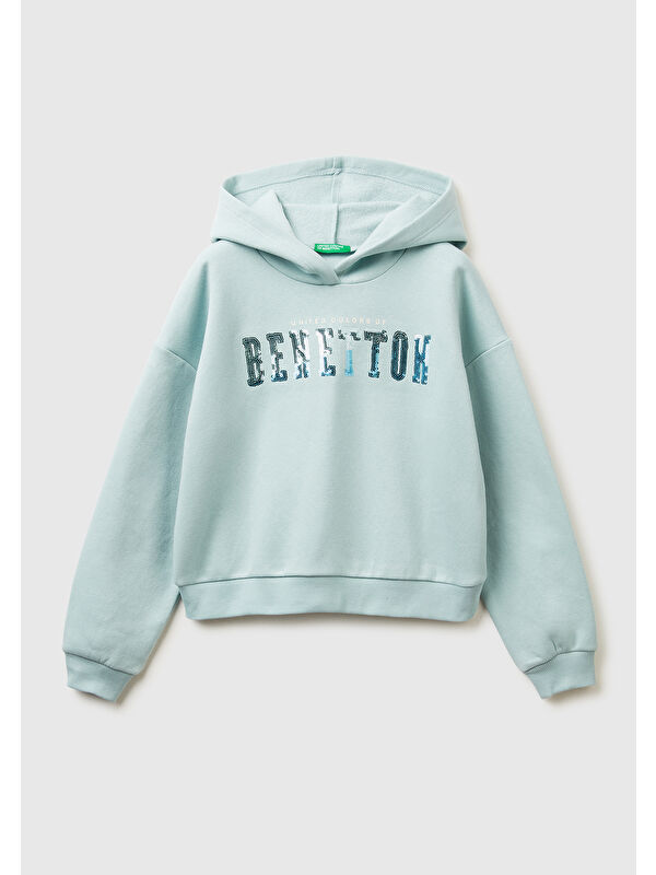 United Colors Of Benetton Kız Çocuk Su Yeşili Payet İşlemeli Nervürlü Regular Fit Kapüşonlu Sweatshirt