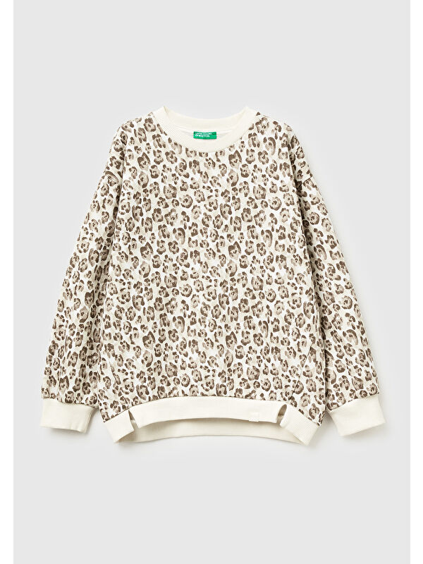 United Colors Of Benetton Kız Çocuk Bej Tamamı Baskılı Logo Etiketi Detaylı Yırtmaçlı Sweatshirt