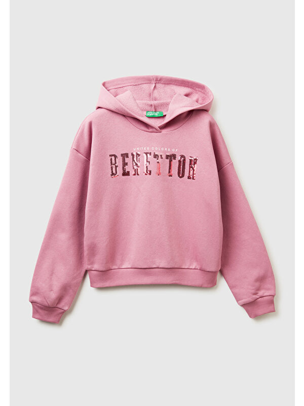 United Colors Of Benetton Kız Çocuk Gül Kurusu Payet İşlemeli Nervürlü Regular Fit Kapüşonlu Sweatshirt