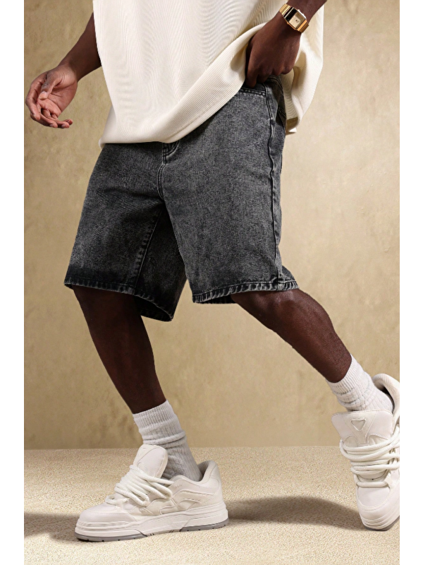Tarz Cool Erkek Baggy Fit Jean Şort Antrasit