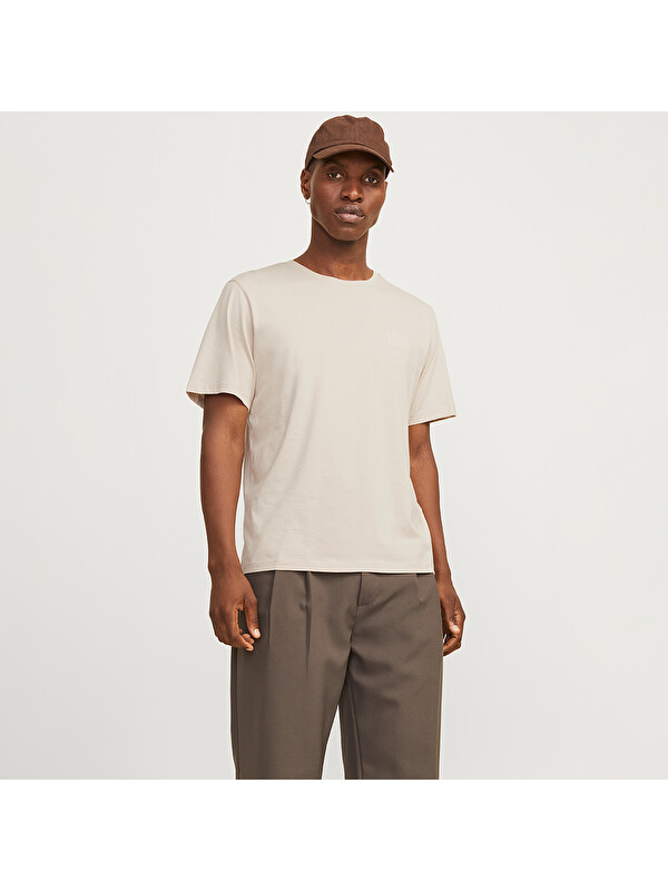 Jack & Jones Corp Logo Ss O Neck Erkek Bej Yuvarlak Yaka Spor Tişört