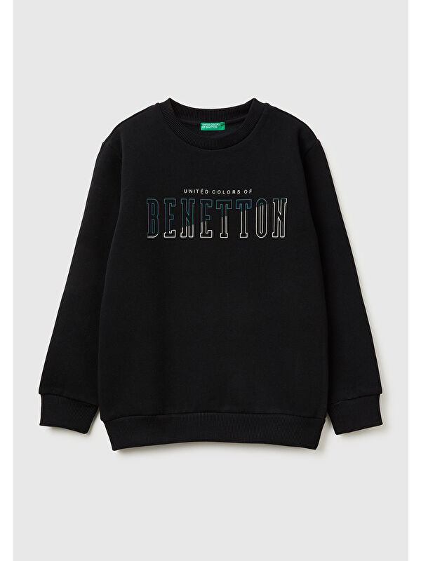 United Colors Of Benetton Erkek Çocuk Siyah Önü Logo Baskılı Nervürlü Sweatshirt