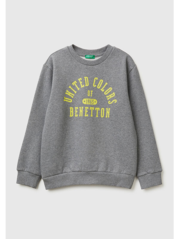 United Colors Of Benetton Erkek Çocuk Antrasit Melanj Önü Logo Baskılı Nervürlü Sweatshirt