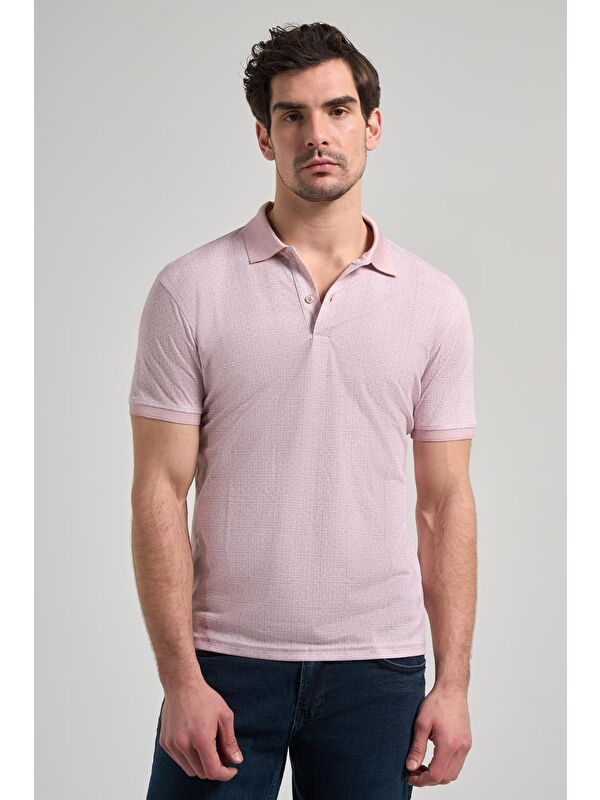 İMZA Pembe Kısa Kol Baskılı Pike Polo Yaka Cepsiz Esnek Casual Slim Fit Tişört 1011250150
