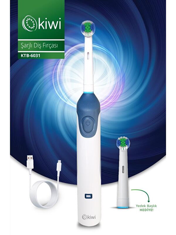 Kiwi KTB-6031 Şarjlı Döner ve Titreşim Başlıklı Diş Fırçası & Yedek Başlık | 600 mAh Li-Ion & IPX7