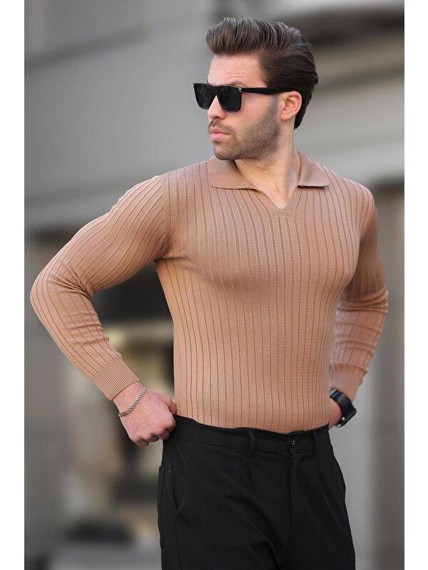 Madmext Camel Polo Yaka Çizgili Uzun Kollu Erkek Kazak 7289