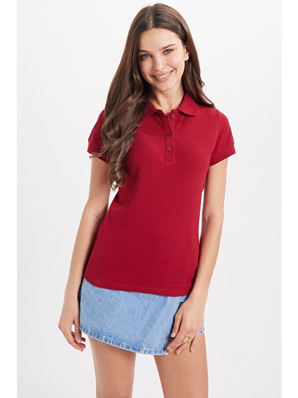 TUDORS Kadın Slim Fit Dar Kesim %100 Pamuk Polo Yaka Bordo Pike Tişört
