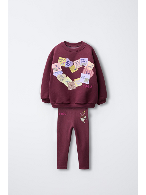 Magu Kız Çocuk Pamuklu Bordo Kalpli Baskılı Sweatshirt Eşofman Takım
