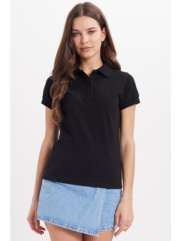 TUDORS Kadın Slim Fit Dar Kesim %100 Pamuk Polo Yaka Siyah Pike Tişört