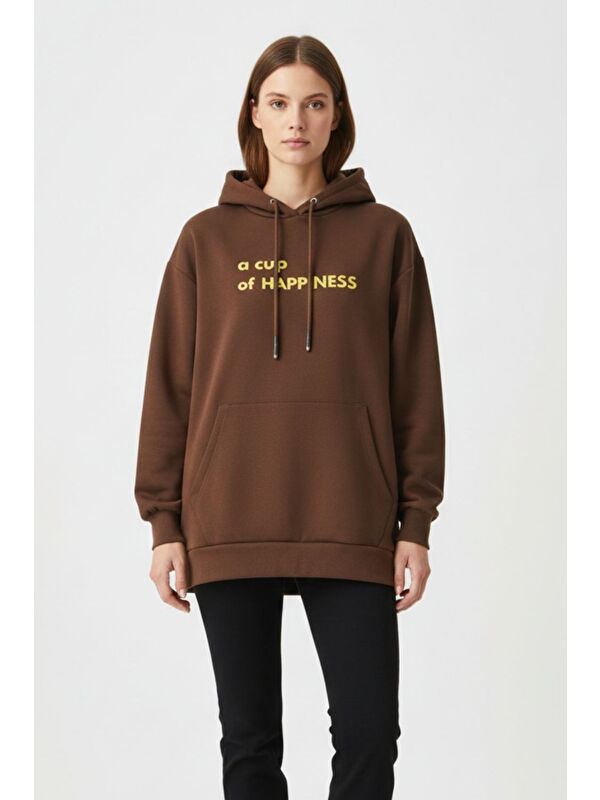 Mizalle Yumuşak Dokulu Kapüşonlu Kahverengi Sweatshirt