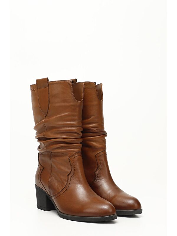 Gonderi(r) Kahverengi Gonderi(r) Hakiki Deri Topuklu Körüklü Kadın Çizme