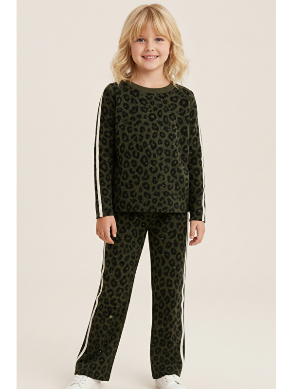My Kids Wear Kız Çocuk Taş Detaylı Bol Paça Triko İkili Takım – Yan Şeritli 3-10 Yaş 12295
