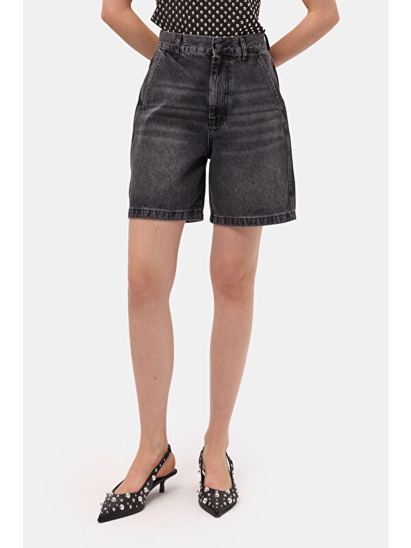 It's Basic Kadın Koyu Füme 2s6-1 Skater Midi Boy Bermuda Denim Şort