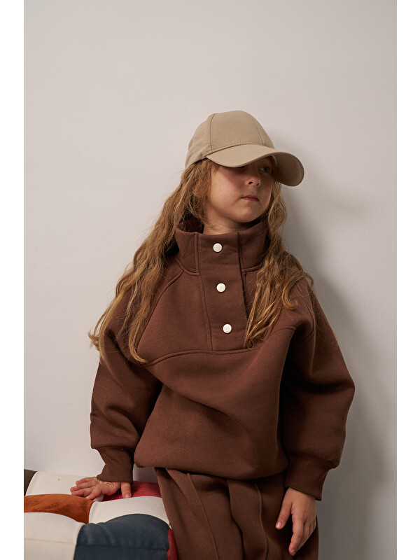 Oh La La Koala For Little Ones Kahve Dik Yaka Çıt Çıtlı Çocuk Sweatshirt