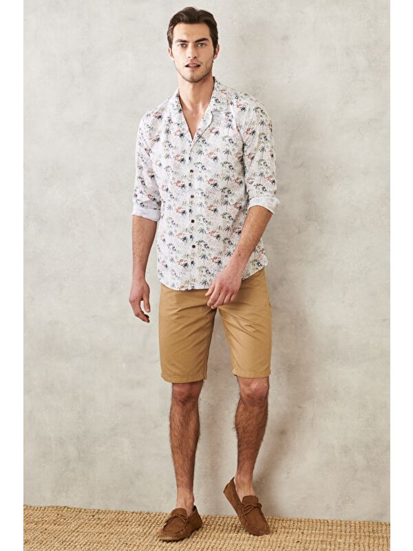 AC&Co / Altınyıldız Classics Erkek Camel Slim Fit Dar Kesim Armürlü %100 Pamuk Casual Chino Şort