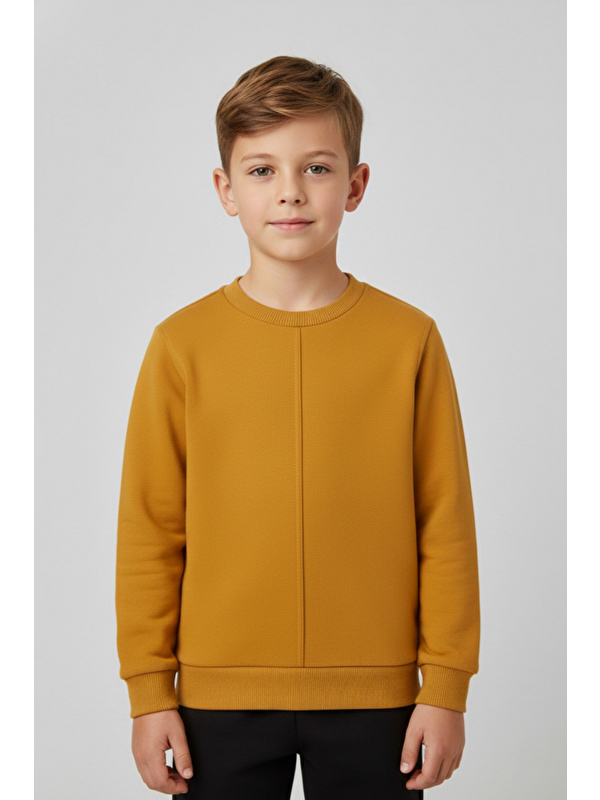 Luess Unisex Çocuk Dikiş Detaylı 3 İplik Hardal Sweatshirt 8-9 Yaş