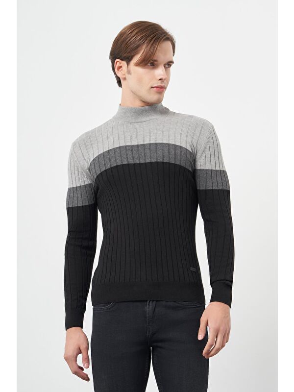 İMZA Siyah Uzun Kol Örme Yarım Balıkçı Yaka Classic Slim Fit Triko 1012245154