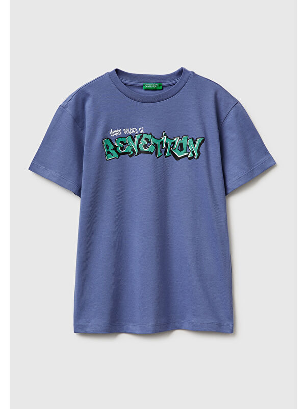 United Colors Of Benetton Erkek Çocuk Havacı Mavi Önü Logo Baskılı Bisiklet Yaka T-Shirt