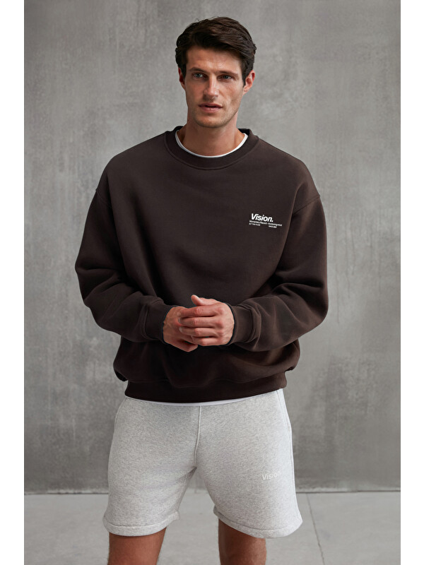 GRIMELANGE Ernest Erkek Organik Pamuklu Yumuşacık Baskı Detaylı Bisiklet Yaka İçi Polarlı KAHVERENGİ Sweatshirt