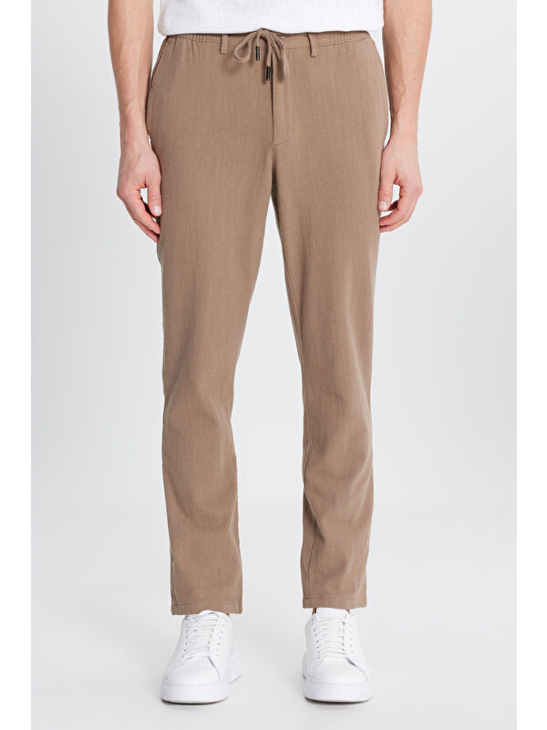 Altınyıldız Classics Erkek Kahverengi Keten Slim Fit Beli Bağlamalı Yan Cepli Casual Pantolon