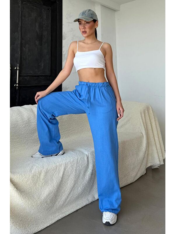 Madmext Saks Beli Büzgülü Wide Leg Kumaş Pantolon Mg1950