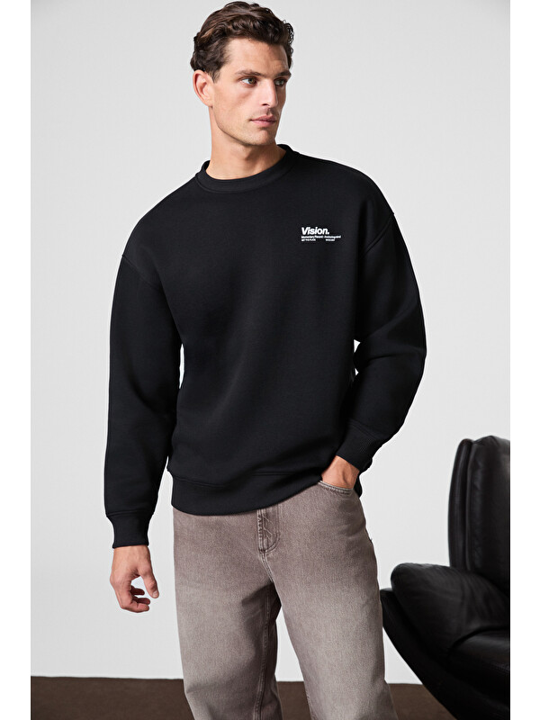 GRIMELANGE Ernest Erkek Organik Pamuklu Yumuşacık Baskı Detaylı Bisiklet Yaka İçi Polarlı SİYAH Sweatshirt