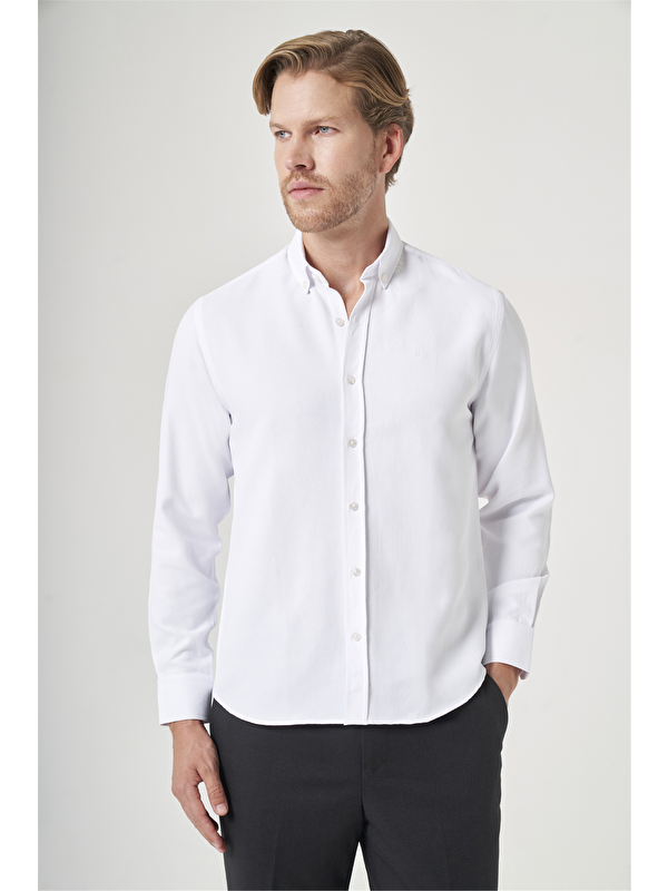 İMZA Beyaz Düğmeli Yaka Uzun Kol Cepsiz Slim Fit Pamuklu Gömlek 1004260203