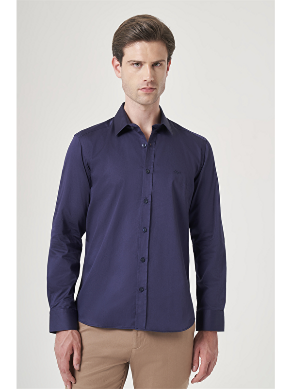 İMZA Lacivert Sert Yaka Uzun Kol Cepsiz Saten Slim Fit %100 Pamuk Gömlek 1004260424
