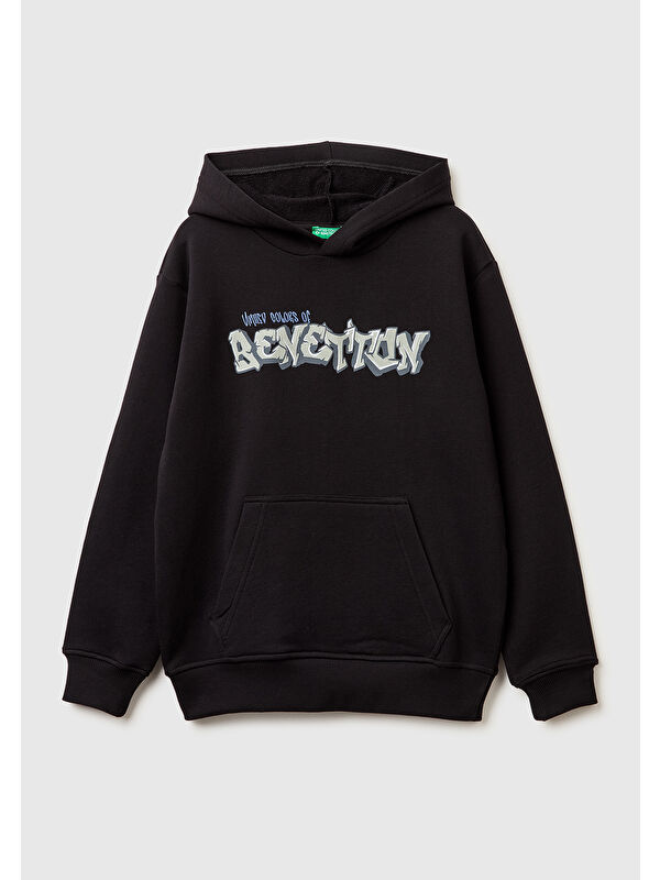 United Colors Of Benetton Erkek Çocuk Siyah Önü Logo Baskılı Kanguru Cepli Kapüşonlu Sweatshirt