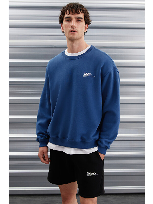 GRIMELANGE Ernest Erkek Organik Pamuklu Yumuşacık Baskı Detaylı Bisiklet Yaka İçi Polarlı MAVİ Sweatshirt