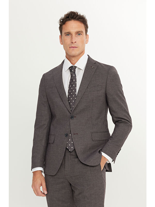 Altınyıldız Classics Erkek Bordo-Gri Yünlü Ekstra Slim Fit Dar Kesim Mono Yaka Kaz Ayağı Desenli Takım Elbise